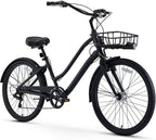 reezero EVRYjourney Men's Casual Edition 7-Speed Sport Hybrid Cruiser Bike w/Integrated Cable Lock, Light and Basket, 26" Bicycle, Matte Black with Black Seat and Black Grips