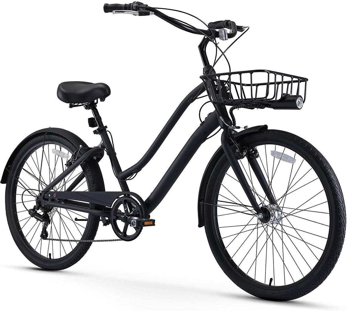 reezero EVRYjourney Men's Casual Edition 7-Speed Sport Hybrid Cruiser Bike w/Integrated Cable Lock, Light and Basket, 26" Bicycle, Matte Black with Black Seat and Black Grips