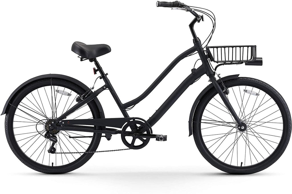 reezero EVRYjourney Men's Casual Edition 7-Speed Sport Hybrid Cruiser Bike w/Integrated Cable Lock, Light and Basket, 26" Bicycle, Matte Black with Black Seat and Black Grips