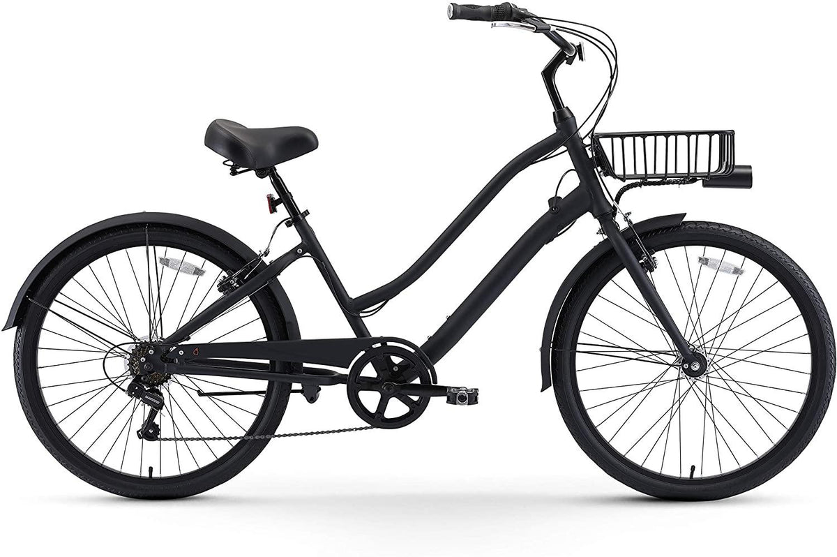 reezero EVRYjourney Men's Casual Edition 7-Speed Sport Hybrid Cruiser Bike w/Integrated Cable Lock, Light and Basket, 26" Bicycle, Matte Black with Black Seat and Black Grips