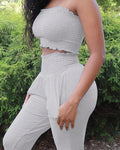 shirred frill hem crop top &amp; pocket design pants set