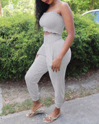 shirred frill hem crop top &amp; pocket design pants set