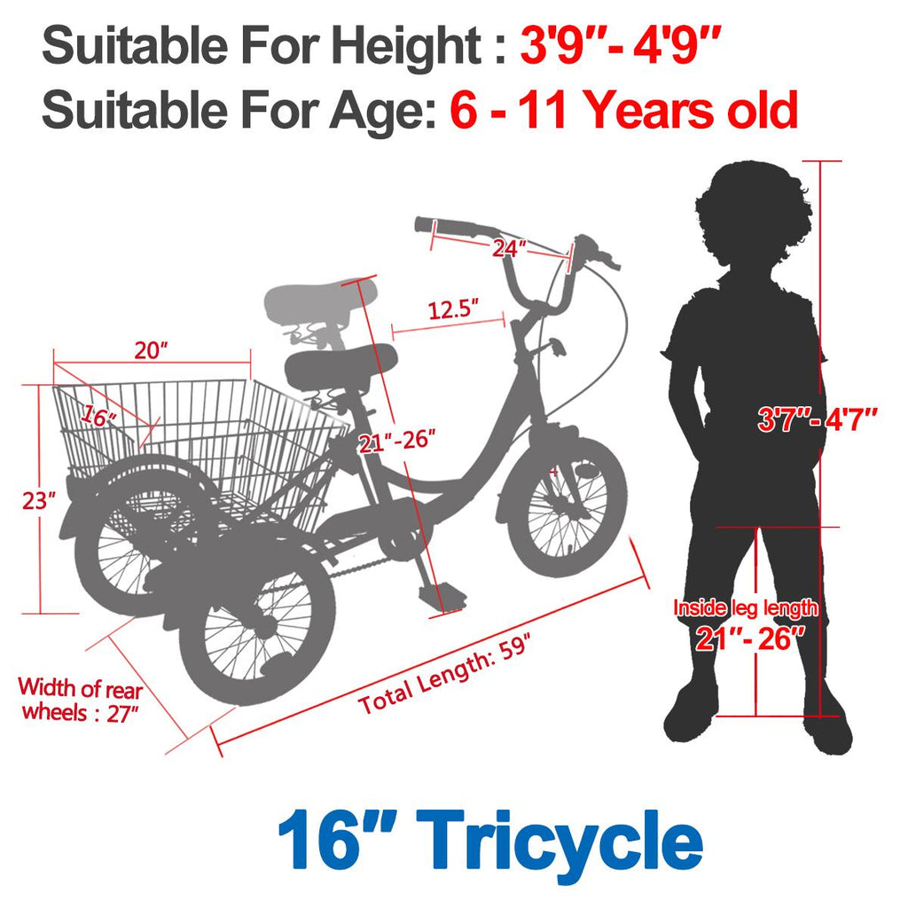 16" Kids Tricycle Single Speed Cruiser 3 Wheels Bikes, Outdoor Children's Tricycle for 6-11 Years Old Boys/Girls