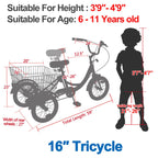 16" Kids/Aldult Tricycle Single Speed Cruiser 3 Wheels Bikes, Outdoor Children's Tricycle, Cyan
