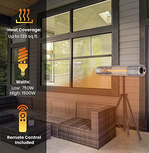 Hanover 30.7" Wide Electric Carbon Infrared Heat Lamp with Remote Control and Tripod Stand, Silver/Black