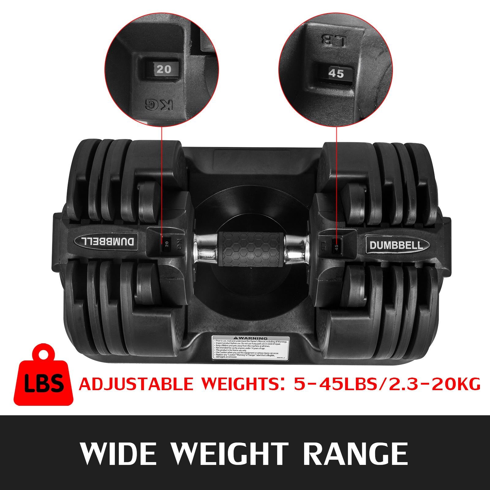 Adjustable Dumbbell Set Fitness Dumbbell 1 Piece Standard Adjustable Dumbbell with Handle and Weight Plate for Home Gym System- Building Muscle (Black, 5-45 Lbs.)