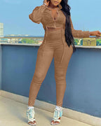 drawstring ruched long sleeve crop top &amp; skinny pants set