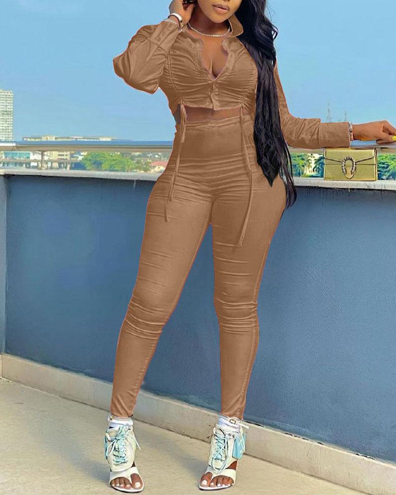 drawstring ruched long sleeve crop top &amp; skinny pants set