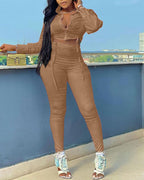 drawstring ruched long sleeve crop top &amp; skinny pants set