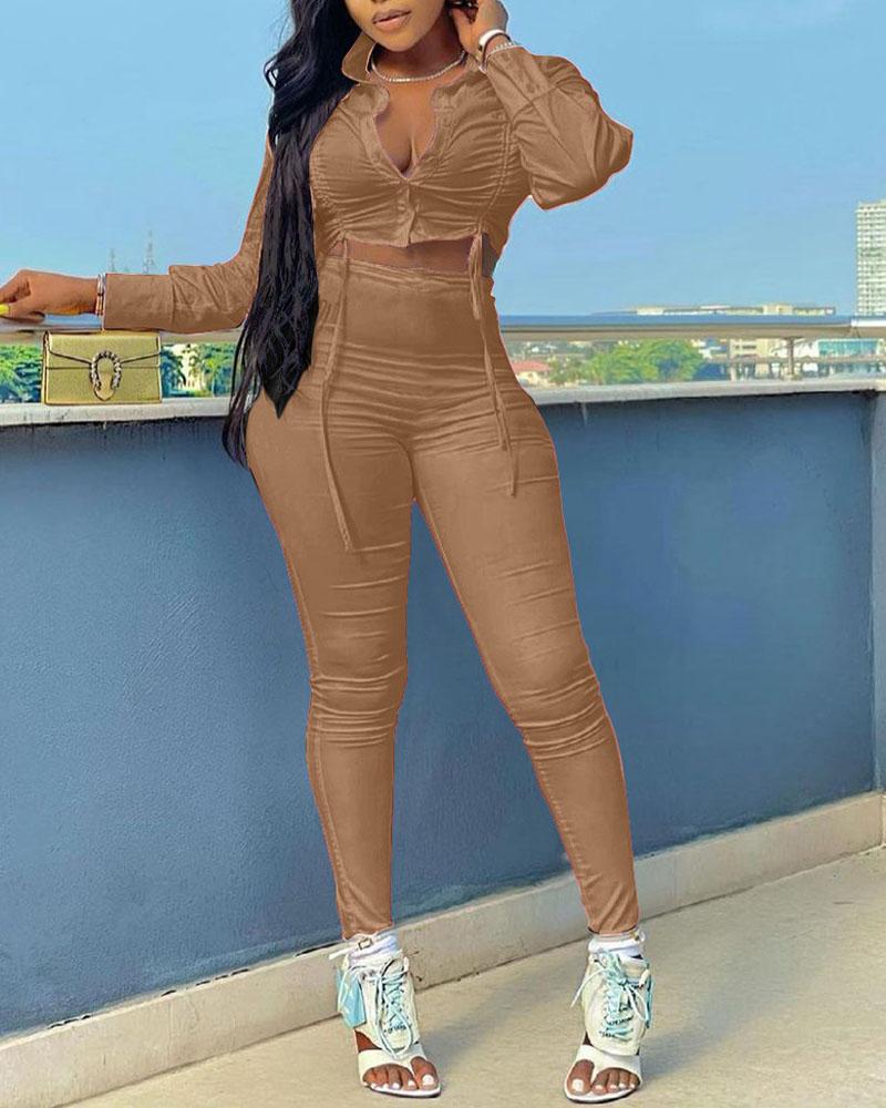 drawstring ruched long sleeve crop top &amp; skinny pants set
