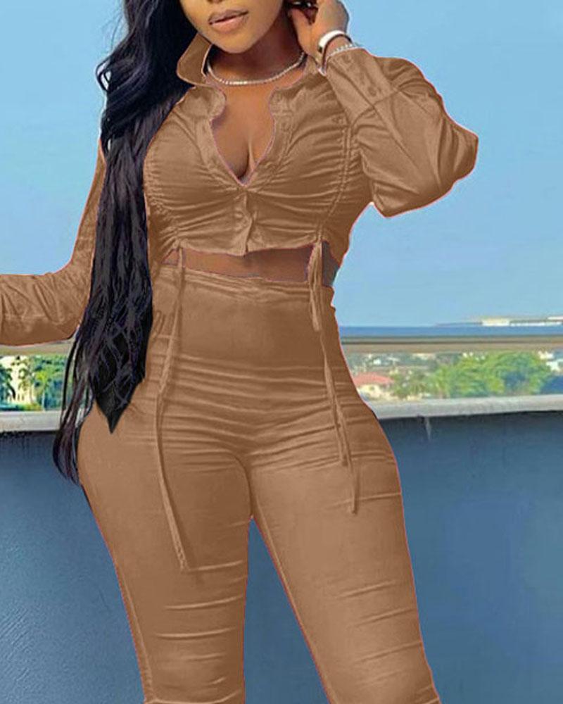 drawstring ruched long sleeve crop top &amp; skinny pants set