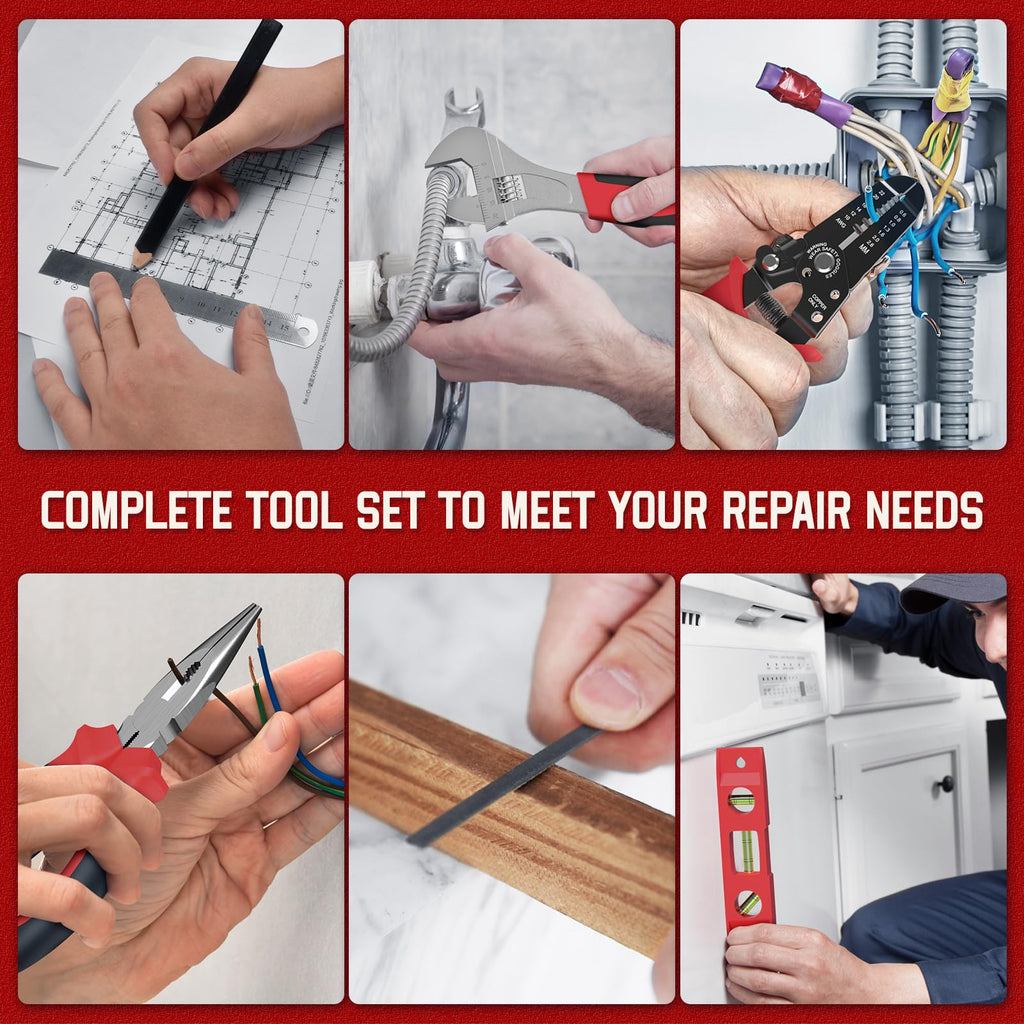 Home Tool Kit with Drawer - 379-PCs Portable Complete Household and Auto Repair Tool Set - Hand General Basic Tool Box StoraCase - Full Basic Toolkit for Handyman & Diyer & Homeowner Red