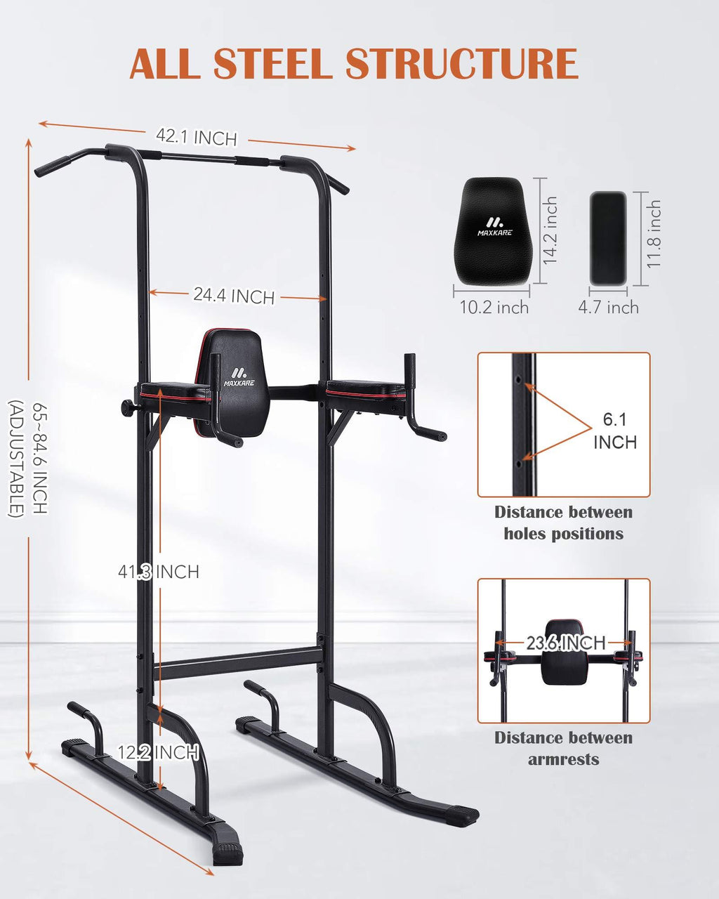 MaxKare 4 Level Adjustable Power Tower Workout Dip Stand Pull Up Bar Station-Strength Training Fitness Exercise Equipment for Home Gym 380 lbs Load Capacity