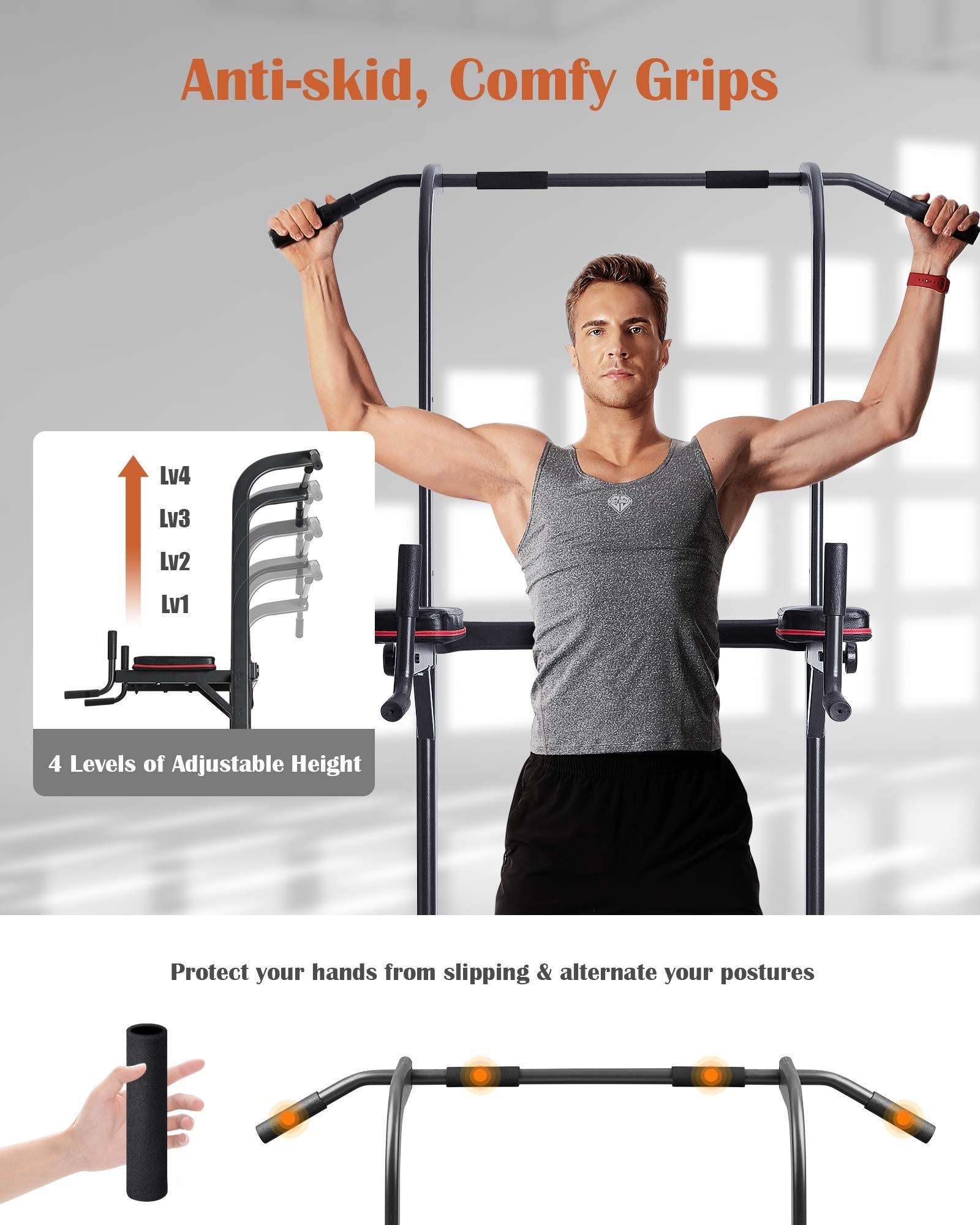 MaxKare 4 Level Adjustable Power Tower Workout Dip Stand Pull Up Bar Station-Strength Training Fitness Exercise Equipment for Home Gym 380 lbs Load Capacity