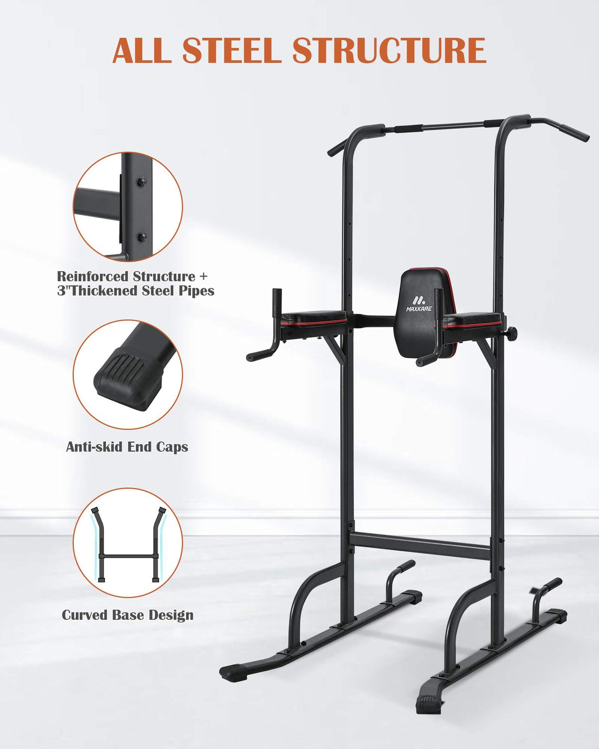 MaxKare 4 Level Adjustable Power Tower Workout Dip Stand Pull Up Bar Station-Strength Training Fitness Exercise Equipment for Home Gym 380 lbs Load Capacity