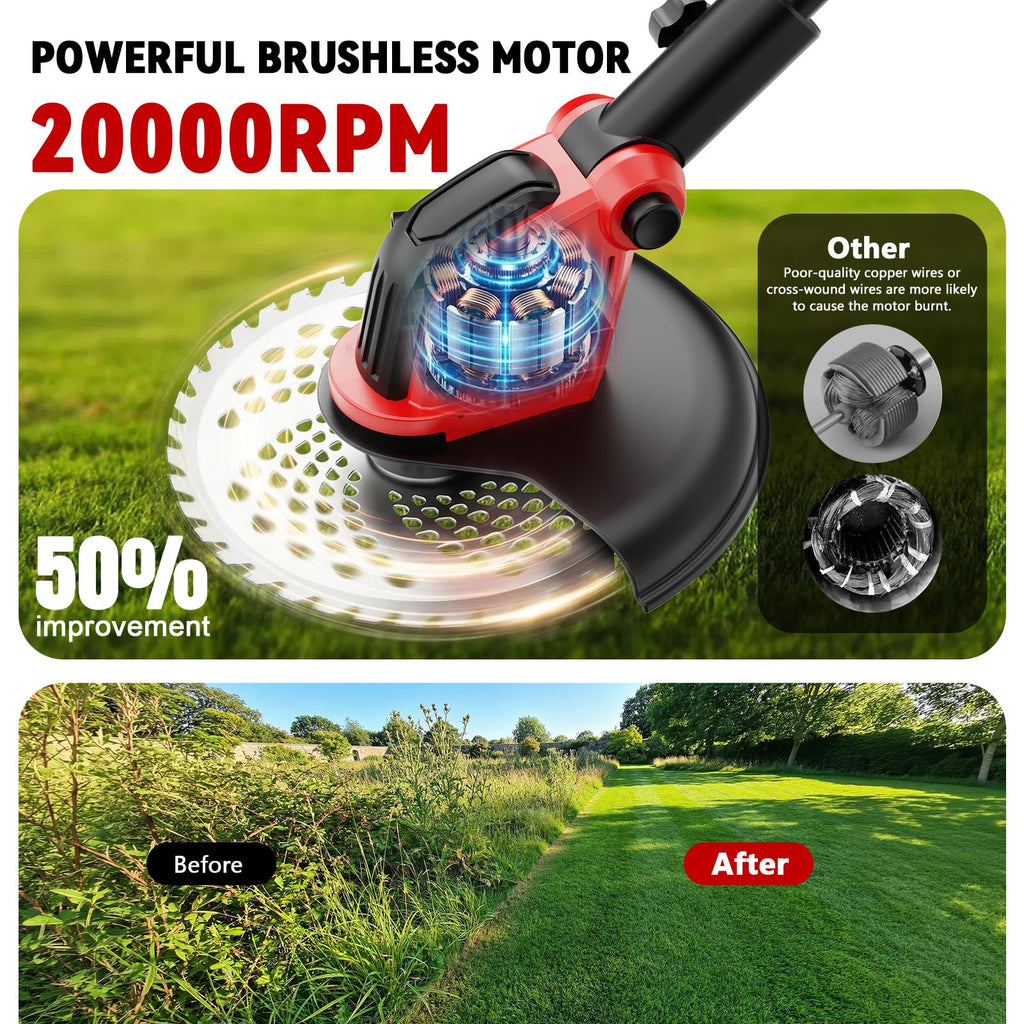 20000 RPM Electric Weed Wacker with Wheel,12″ Brushless Cordless Weed Eater Battery Powered, 4-in-1 Brush Cutter/String Trimmer/Grass Trimmer/Lawn Mower,Edger Stringless Weed Trimmer,5 Blade,2 Battery
