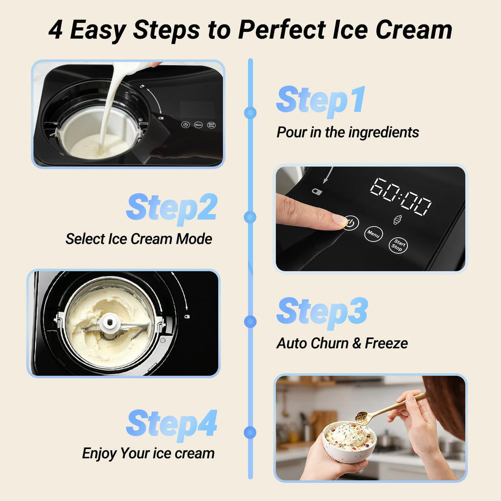 Ice Cream Maker Automatic 1.7 Pt, No Pre-Freezing,-In Compressor, Digital Display & Timer,3 Presets, Makes ice cream, Gelato, Perfect for home & party, IM001