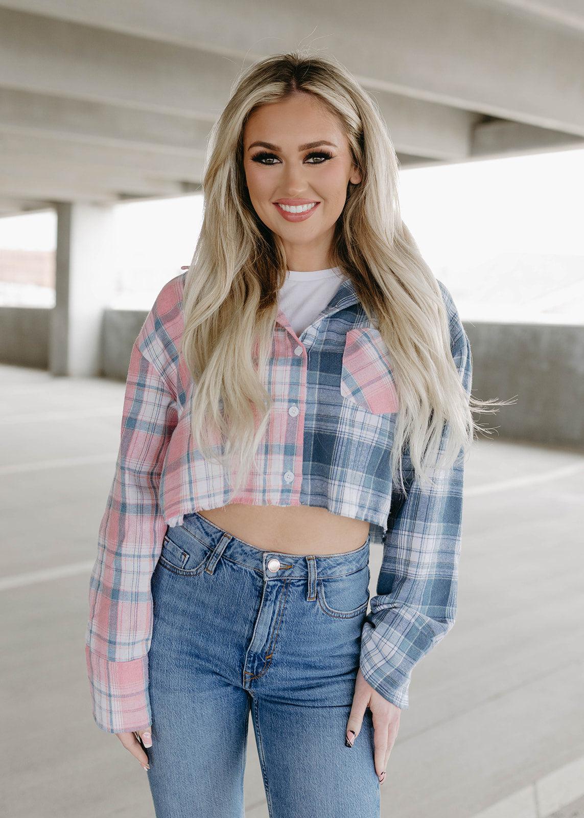 blue plaid cropped flannel
