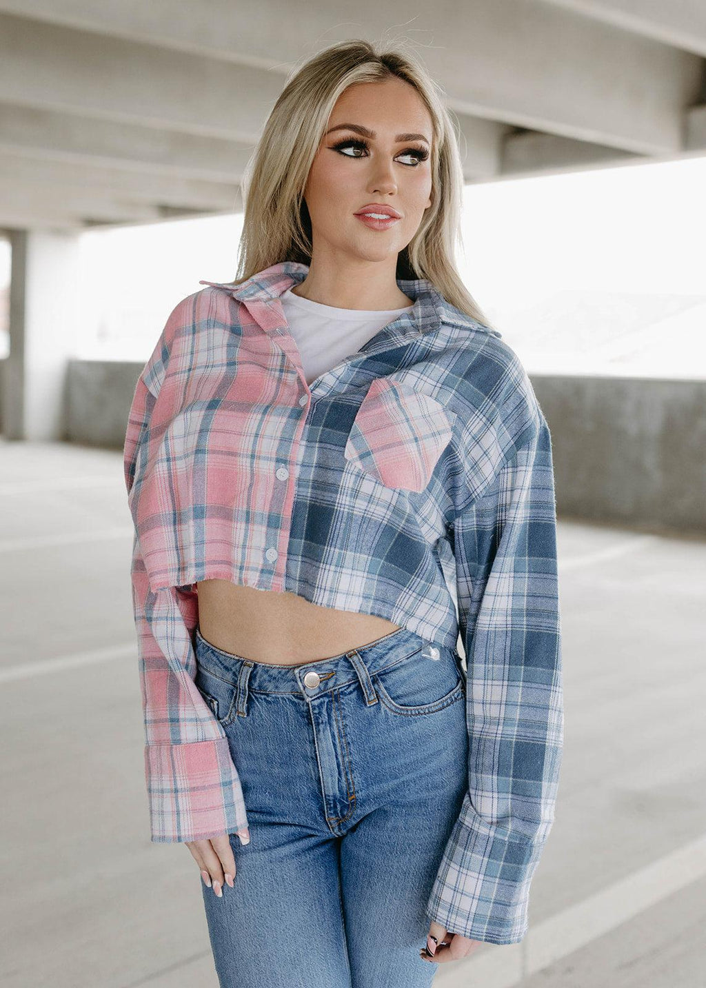 blue plaid cropped flannel