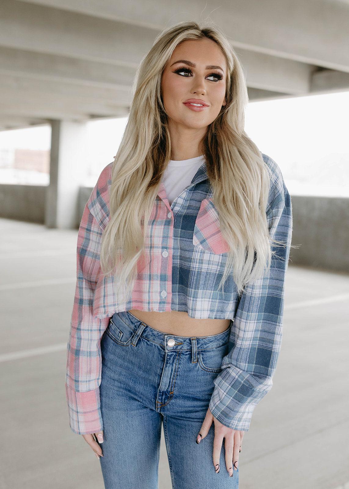 blue plaid cropped flannel