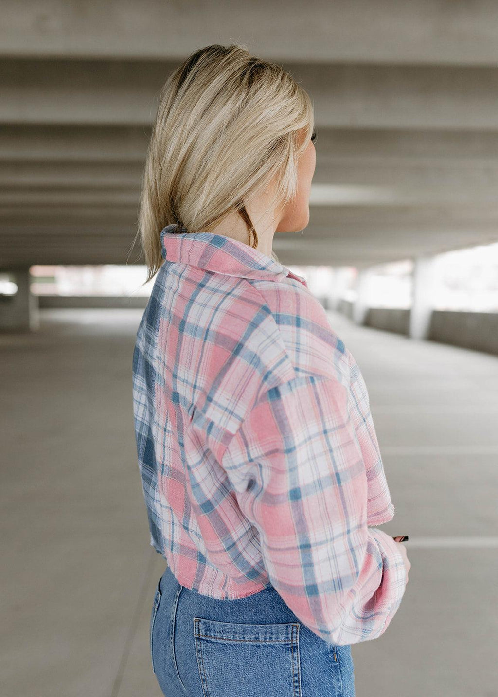 blue plaid cropped flannel