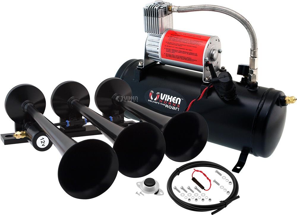 Vixen Horns Train Horn Kit for Trucks/Car/Semi. Complete Onboard System- 150psi Air Compressor, 1.5 Gallon Tank, 3 Trumpets. Super Loud dB. Fits Vehicles like Pickup/Jeep/RV/SUV 12v VXO8530/3118B