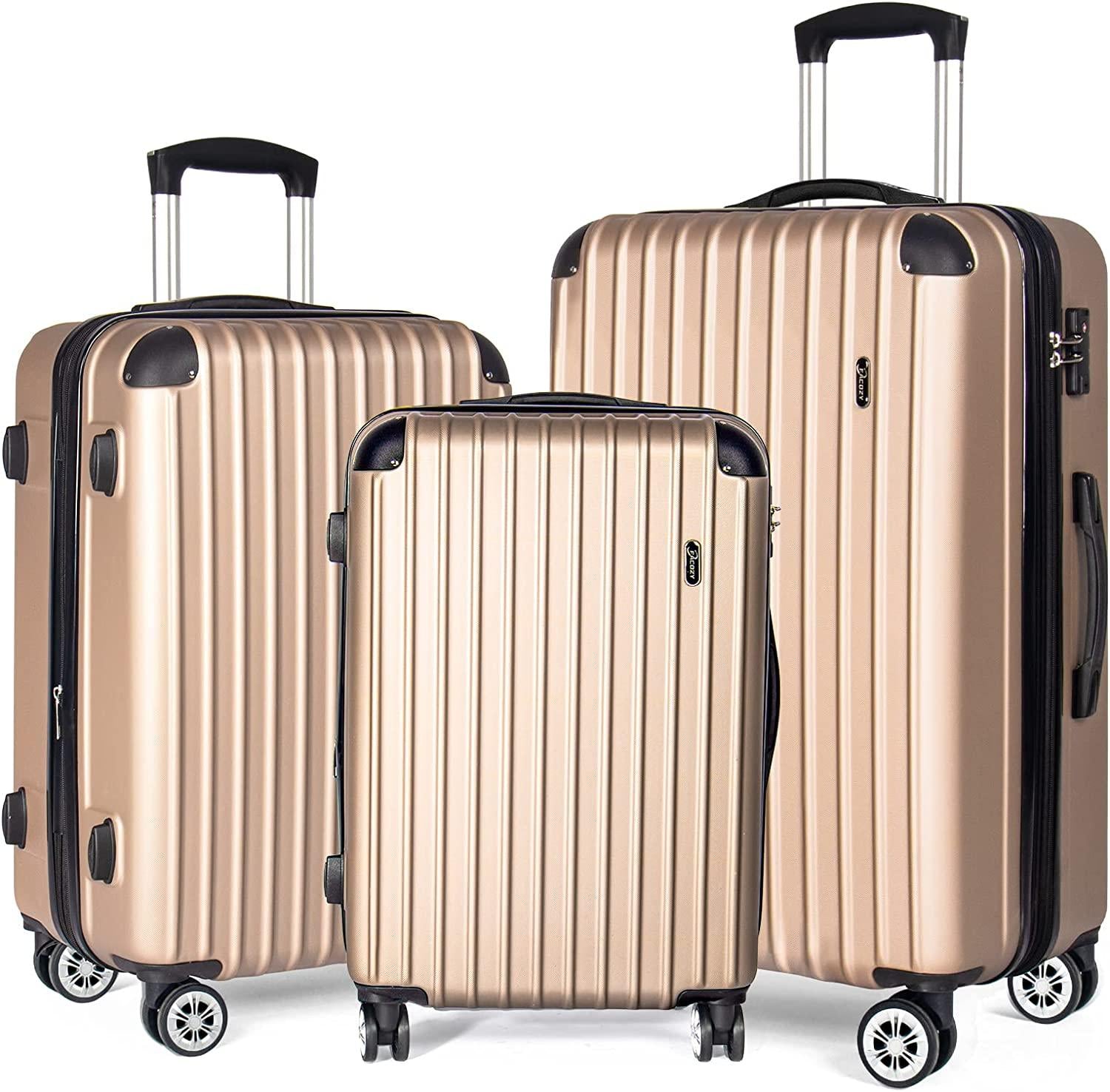 3 Piece Luggage Sets Hardside with Spinner Wheels Expandable, Travel Suitcase Set Lightweight Carry on PC+ABS Tsa Lock Checked Bag 20" / 24" / 28" (champagne)