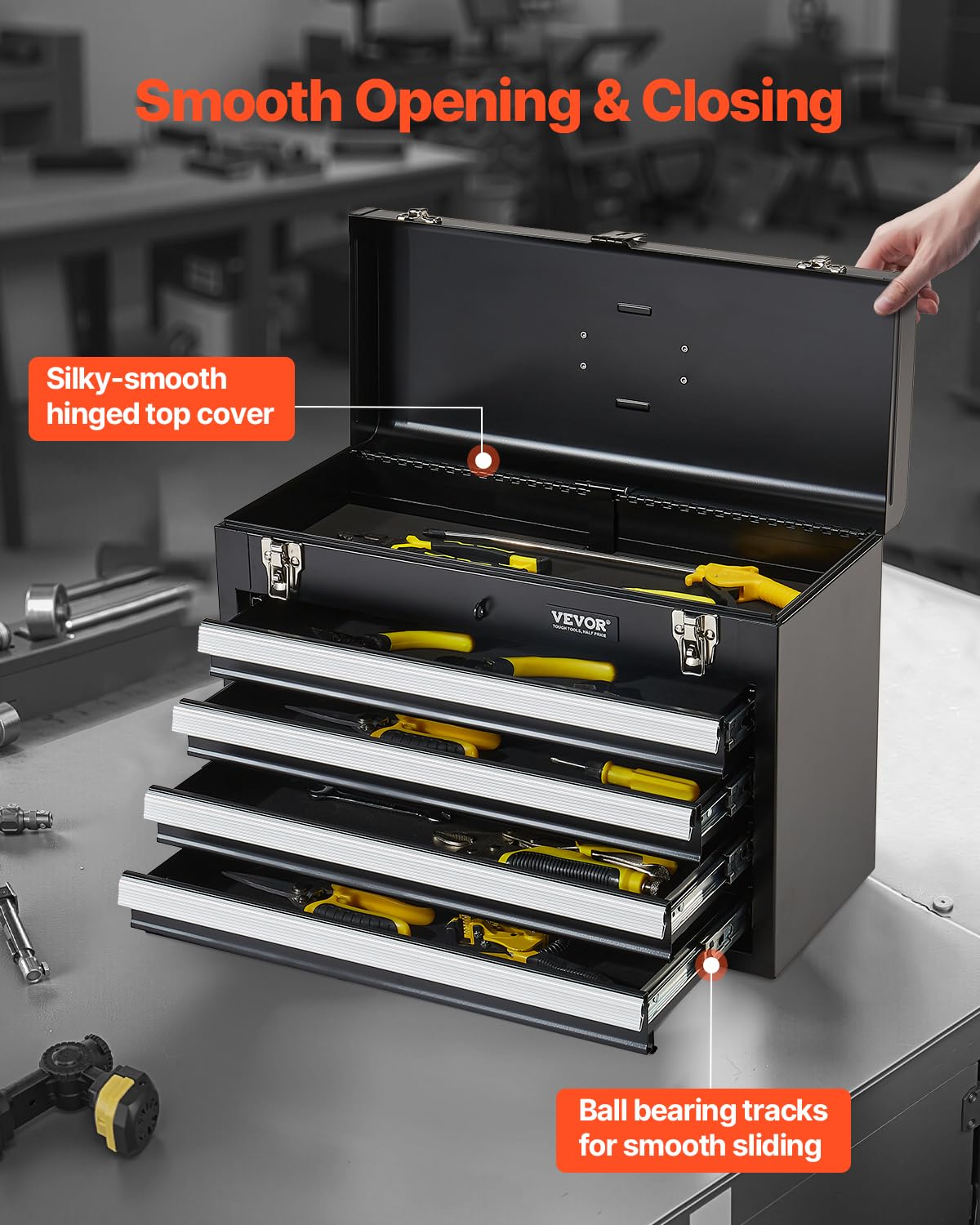 Metal Tool Box, 20.5-inch, Portable Metal Tool Box with 4 Drawers, Small Tool Chest with EVA Liners, Ball Bearing Slide Drawers Loc& Powder Coated Finish, Multi-Function Tool Organizer
