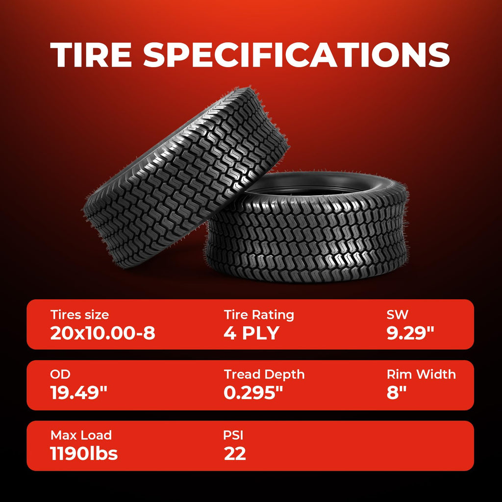 20x10.00-8 Lawn Mower Tires, 4 Ply Tubeless, Set of 2 | 20x10-8, 4PR, Turf-S Tread, Fits Riding Mowers, Lawn/Garden Tractors &amp; Golf Carts, Utility Vehicles, 2-Pack