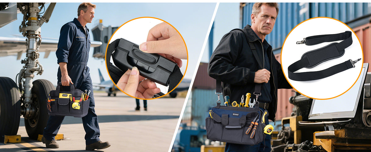 Heavy Duty Tool Bag with Multi-Pockets, Portable Tool Box Organizer StoraBag, with Adjustable Shoulder Strap and Ergonomic Handle (Black, 12" Standard Base)