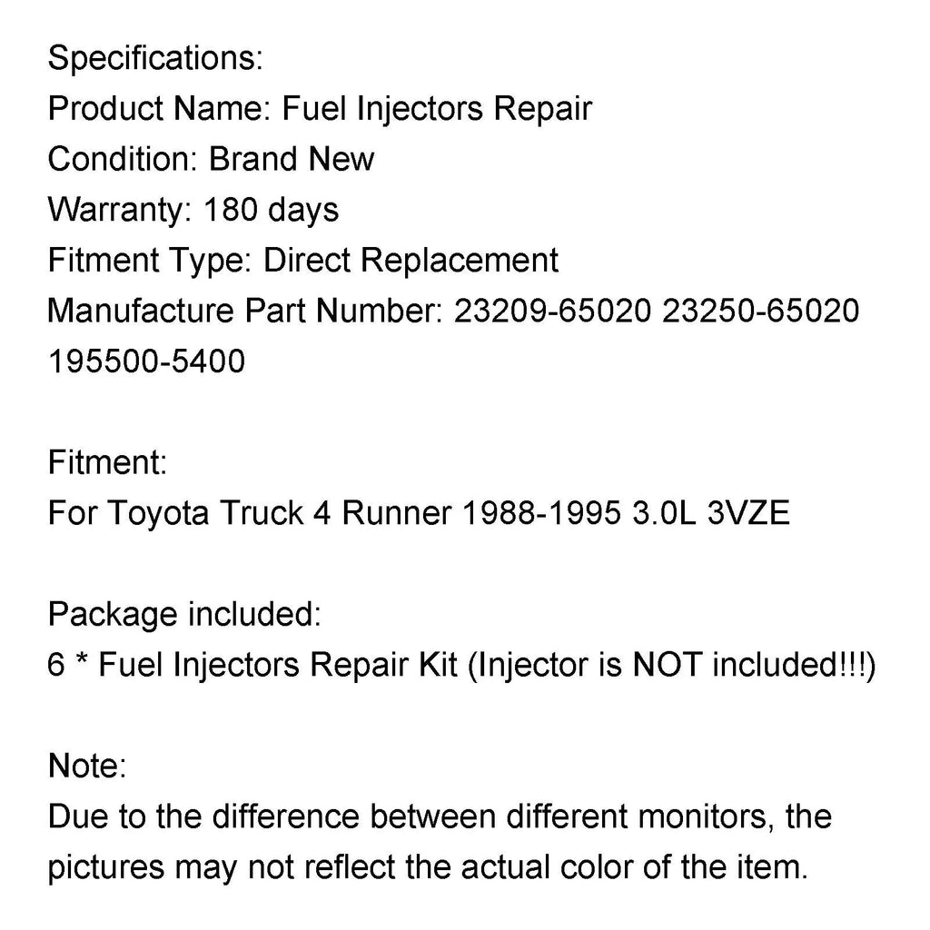 Toyota Truck 4 Runner 1988-1995 3.0L 3VZE 6PCS Fuel Injectors Repair Seal Rebuild Kit 23209-65020 23250-65020 195500-5400 Generic
