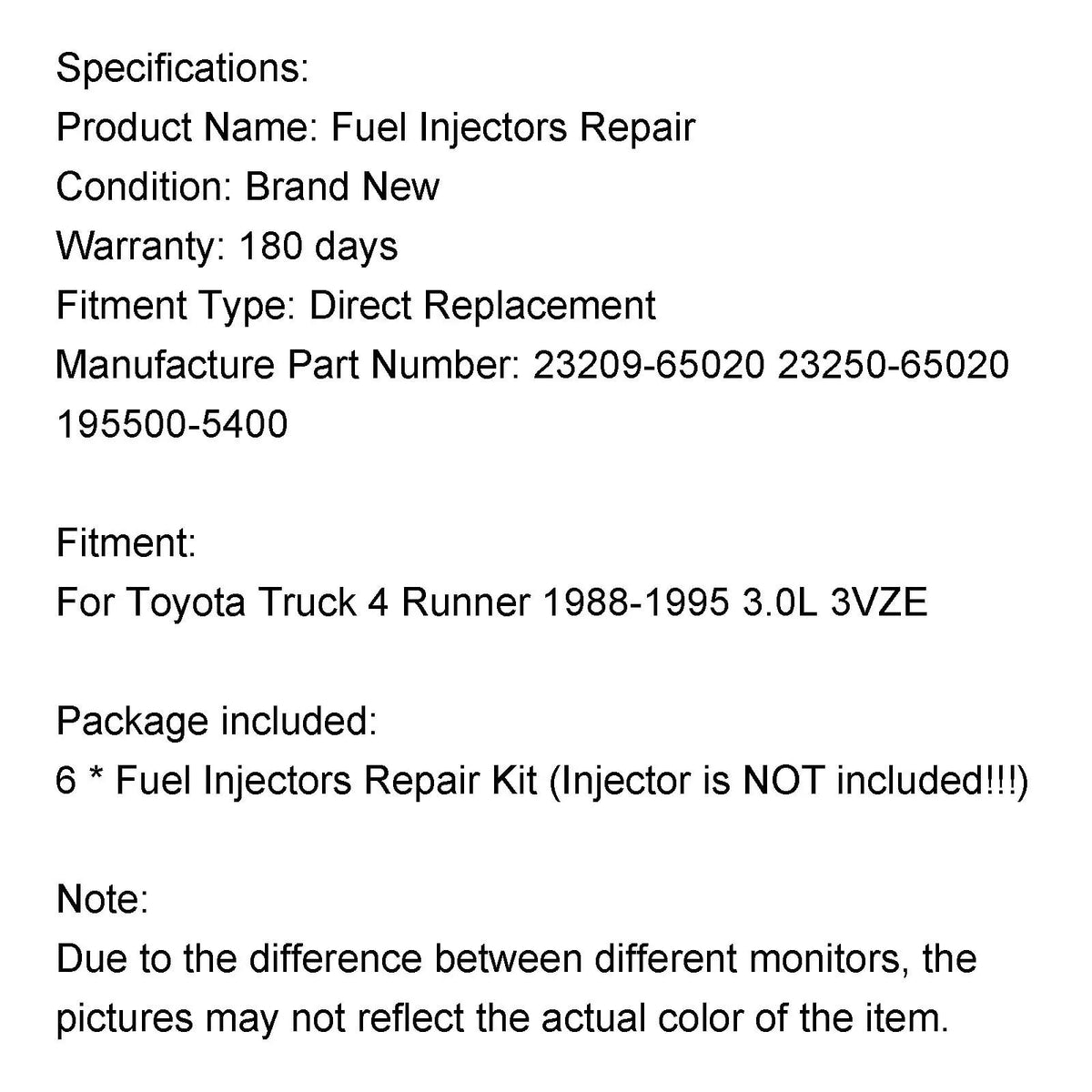 Toyota Truck 4 Runner 1988-1995 3.0L 3VZE 6PCS Fuel Injectors Repair Seal Rebuild Kit 23209-65020 23250-65020 195500-5400 Generic