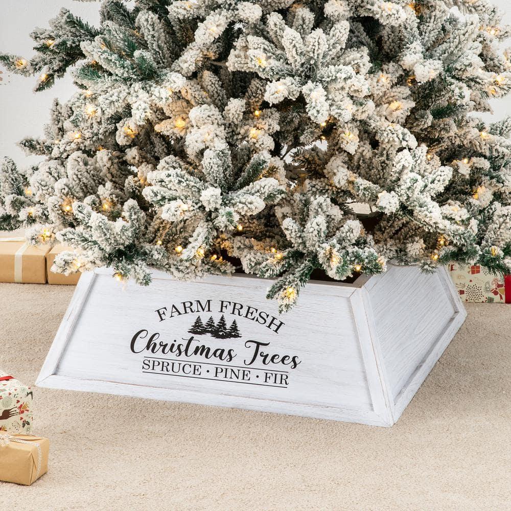 40 in. L White Wooden Trapezoid "Farm Fresh" Christmas Tree Collar (KD)