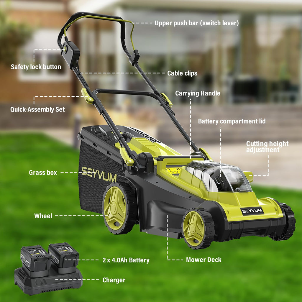 40V 16-inch Cordless Lawn Mower with 45L Grass Collection Bag, 6 Position Height Adjustment Electric Lawn Mower, 2 x 20V 4.0Ah Battery Powered Push Lawnmower, 2.4A Fast Charger, Lemon Green