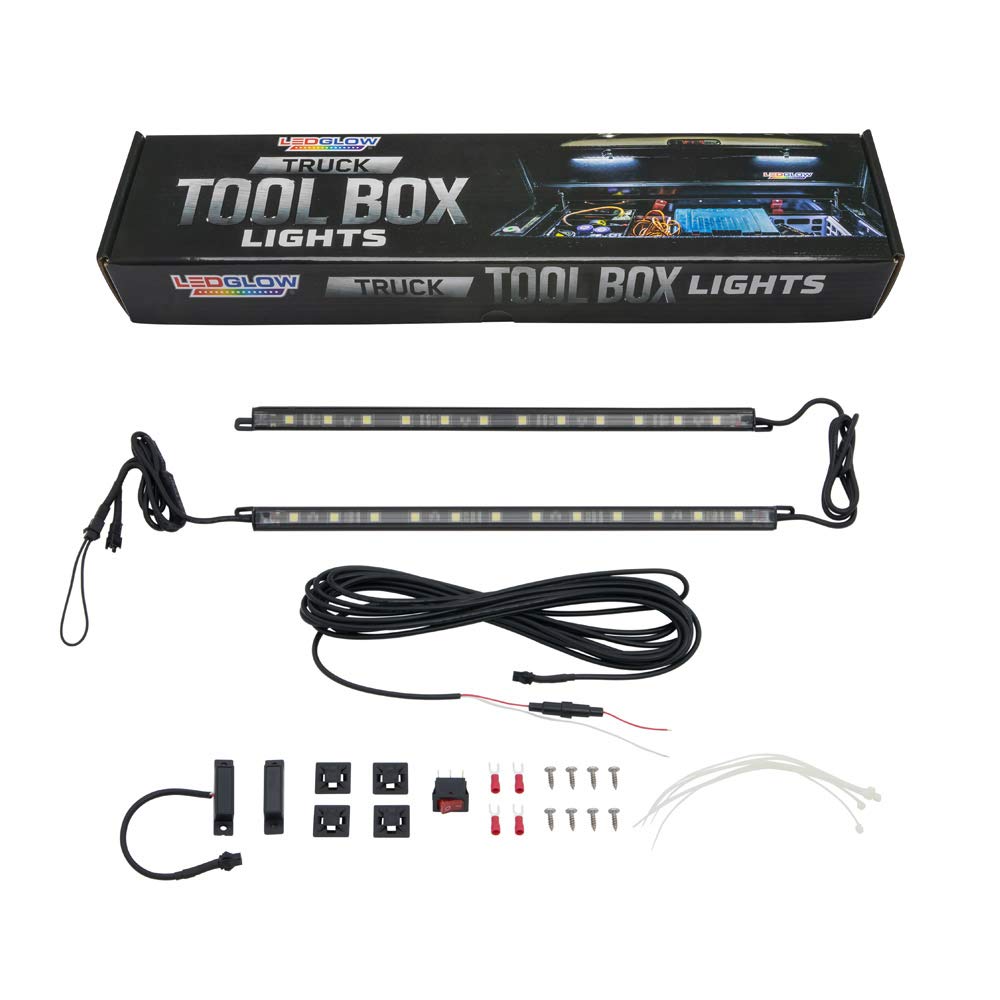 2pc White Truck Tool Box LED Lighting Kit for Work & Utility Trucks | Universal Fitment 12" Tubes Install Inside Lid & Shine Down on Tools, Includes Magnetic Power Switch for Automatic On/Off
