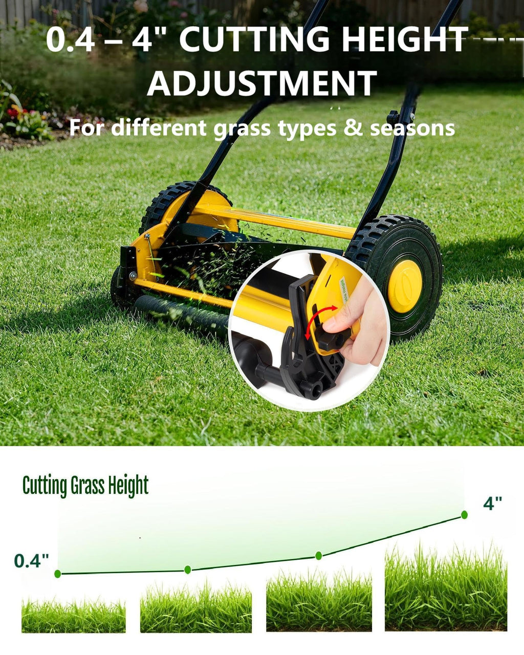 14" Hand Push Lawn Mower, 5-Blade Push Reel Lawn Mower with Adjustable Cutting Height, Quiet Eco-Friendly Manual Lawnmower for Home Garden