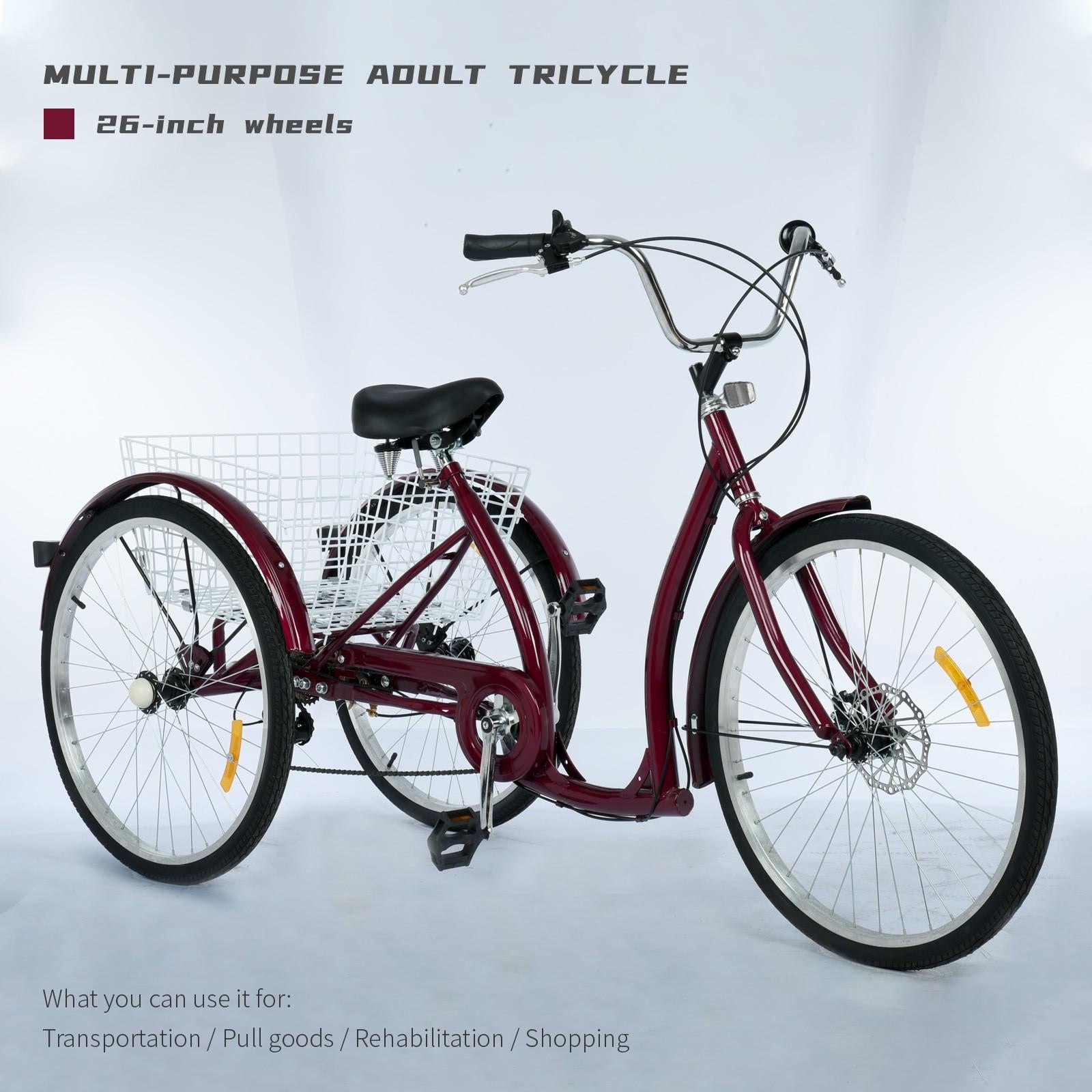Adult Tricycle Three Wheel Cruiser Bike 6 Speeds 26-Inch Wheel Cargo Basket