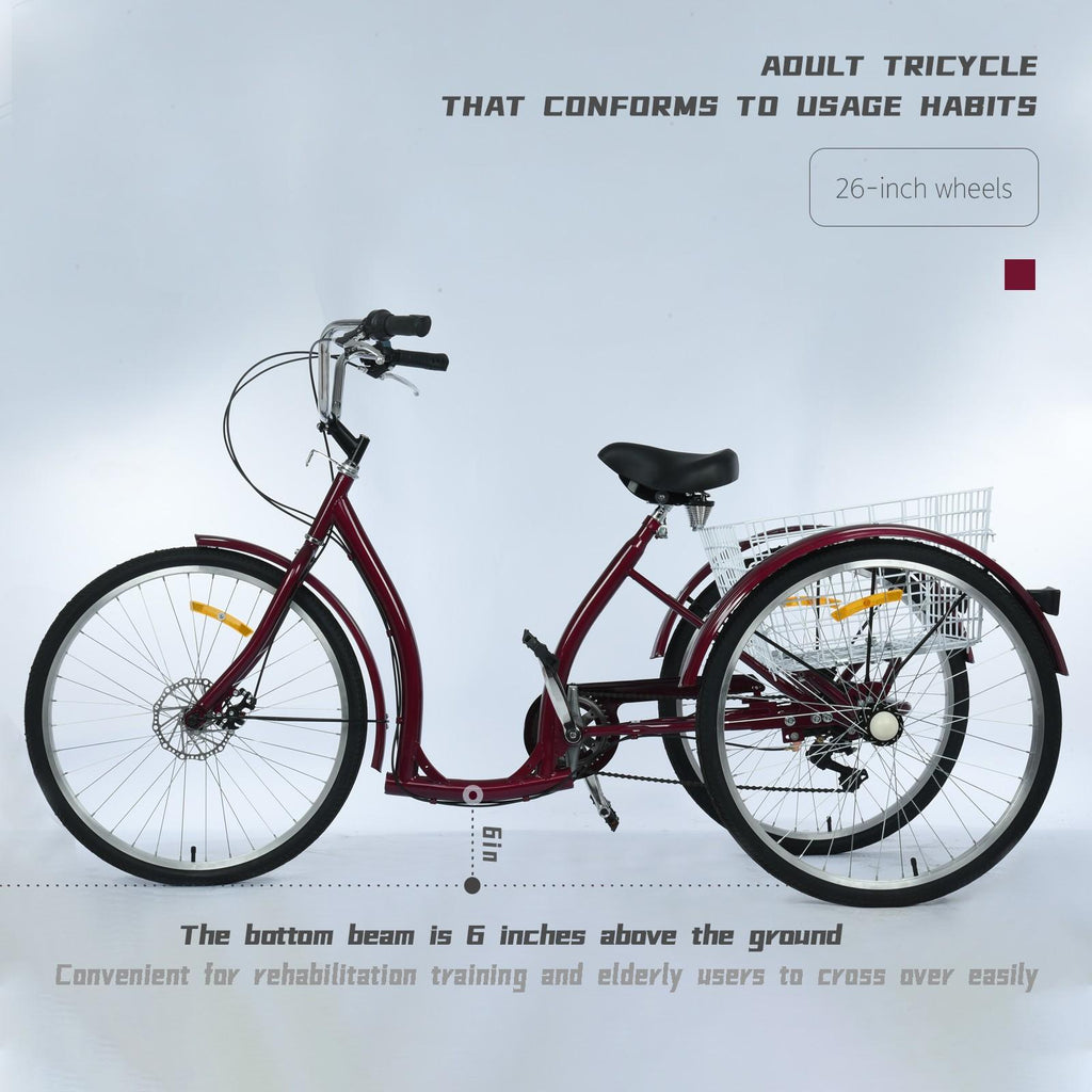 Adult Tricycle Three Wheel Cruiser Bike 6 Speeds 26-Inch Wheel Cargo Basket