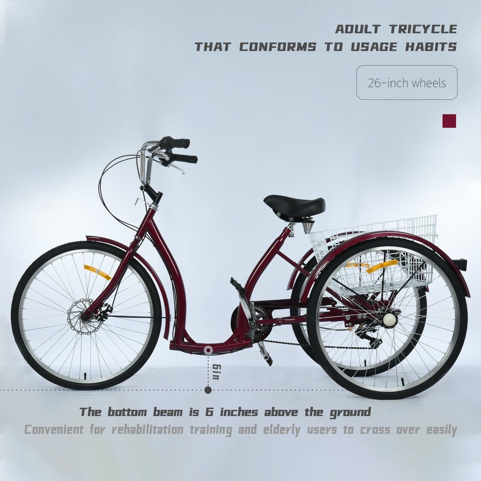 Adult Tricycle Three Wheel Cruiser Bike 6 Speeds 26-Inch Wheel Cargo Basket