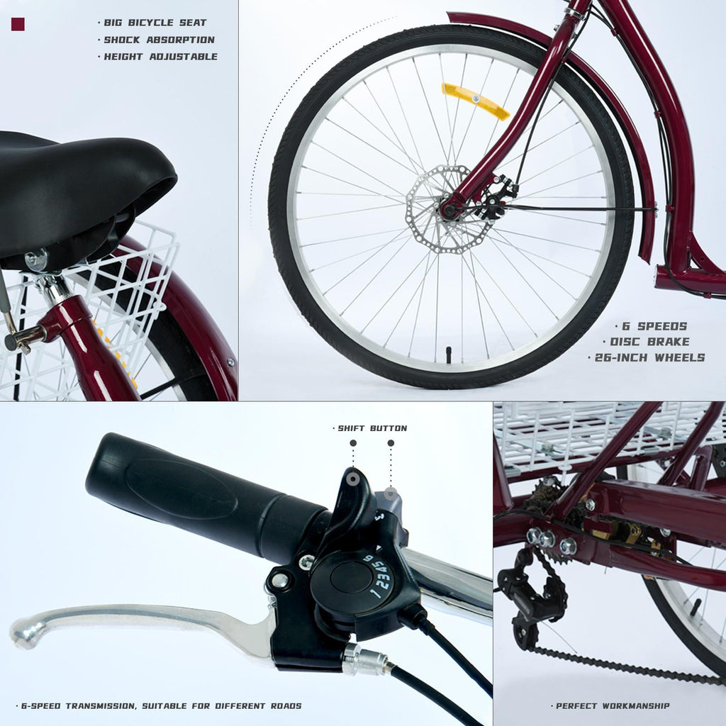Adult Tricycle Three Wheel Cruiser Bike 6 Speeds 26-Inch Wheel Cargo Basket