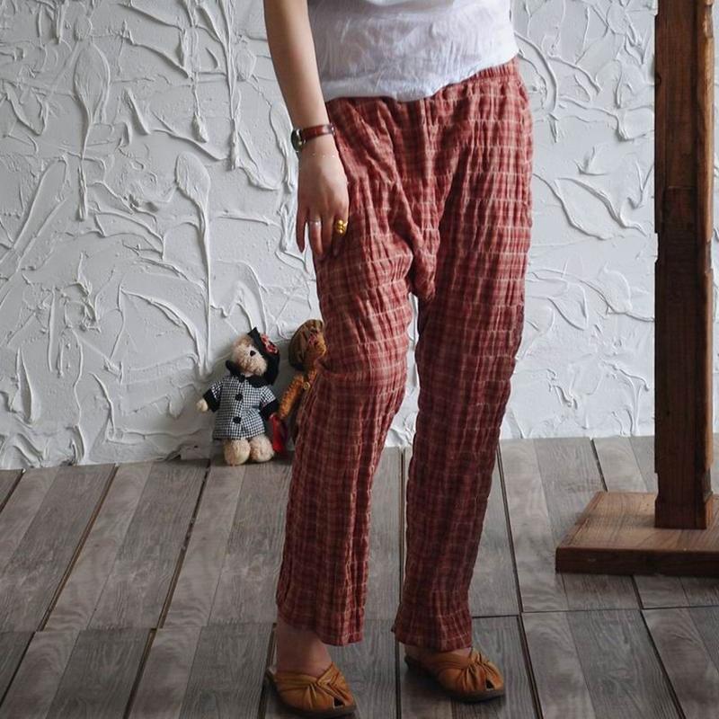 vintage linen casual plaid elastic waist cross-pants