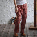 vintage linen casual plaid elastic waist cross-pants