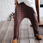 vintage linen casual plaid elastic waist cross-pants