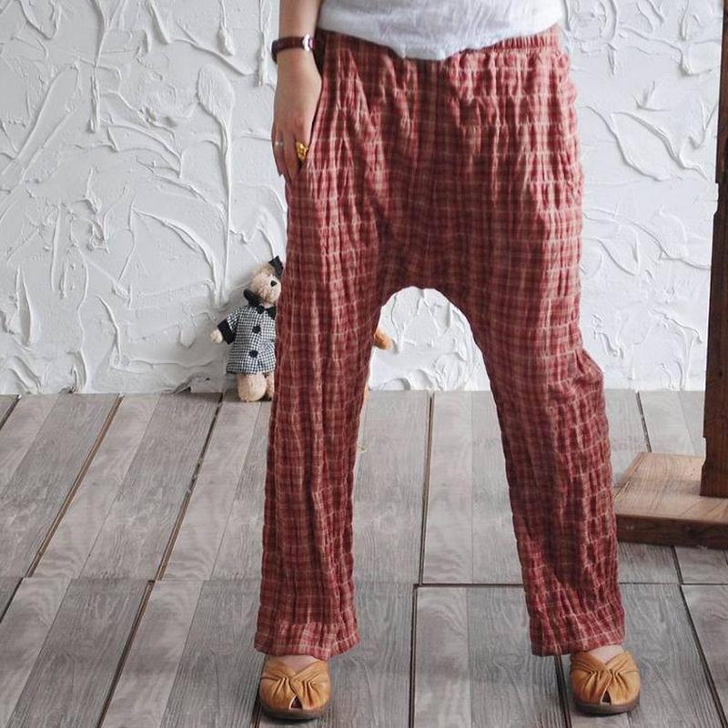 vintage linen casual plaid elastic waist cross-pants