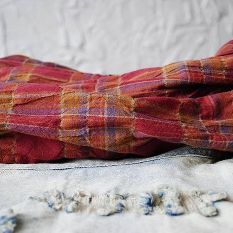 vintage linen casual plaid elastic waist cross-pants