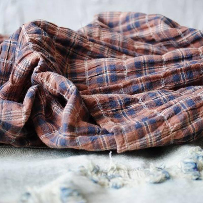 vintage linen casual plaid elastic waist cross-pants