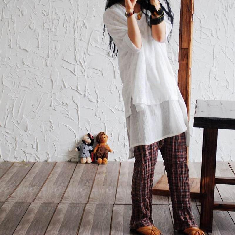 vintage linen casual plaid elastic waist cross-pants