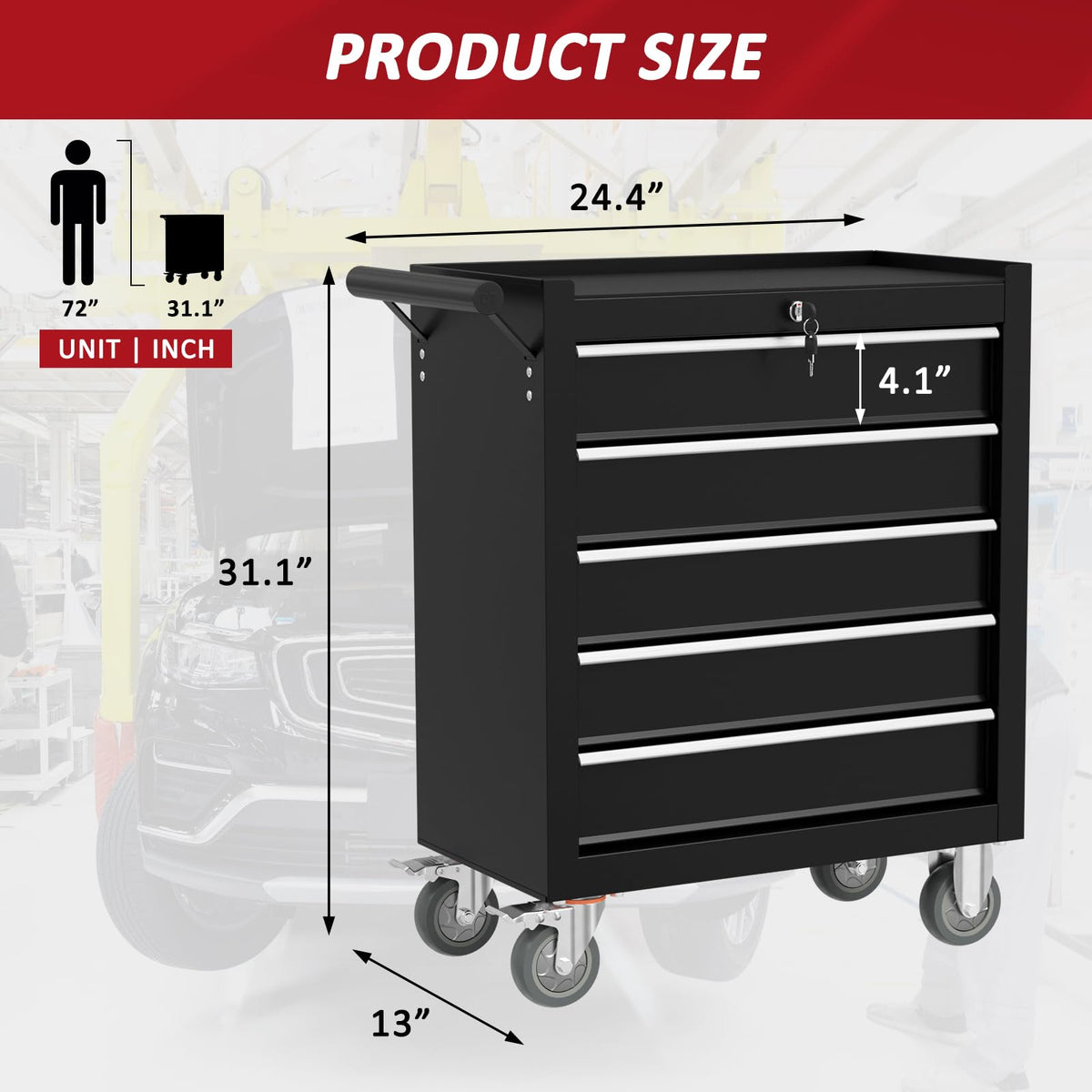 5 Drawers Rolling Tool Chest with Wheels, Portable Rolling Tool Boxes with Wheels, Tool Box StoraCabinet with LocSystem for Gara(Black, 5 Drawers)