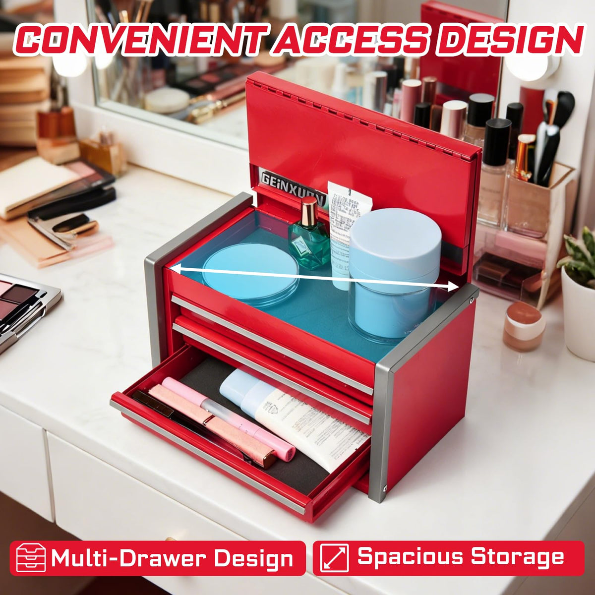 3-Drawer Rolling Red Tool Box, Heavy Duty Micro Roll Cab Steel Stackable Tool Chest with Lockable Drawers, LarCapacity Tool Cabinet for Garage, Workshop, Truck