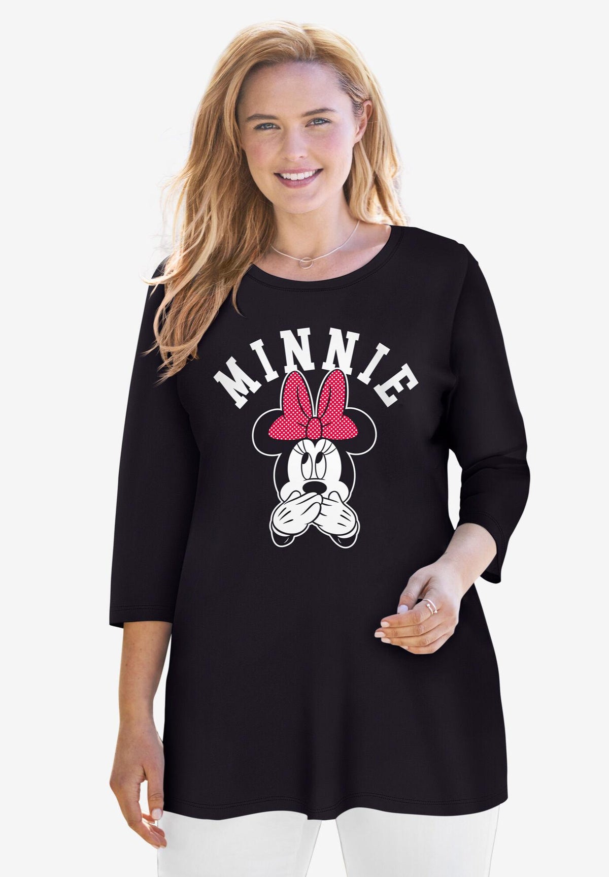 disney women's three-quarter sleeve tunic minnie mouse on black